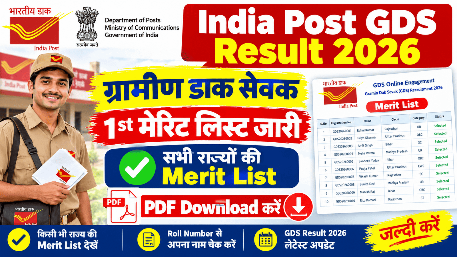India Post GDS Result 2026 Merit List PDF Download: ग्रामीण डाक सेवक 1st मेरिट लिस्ट जारी